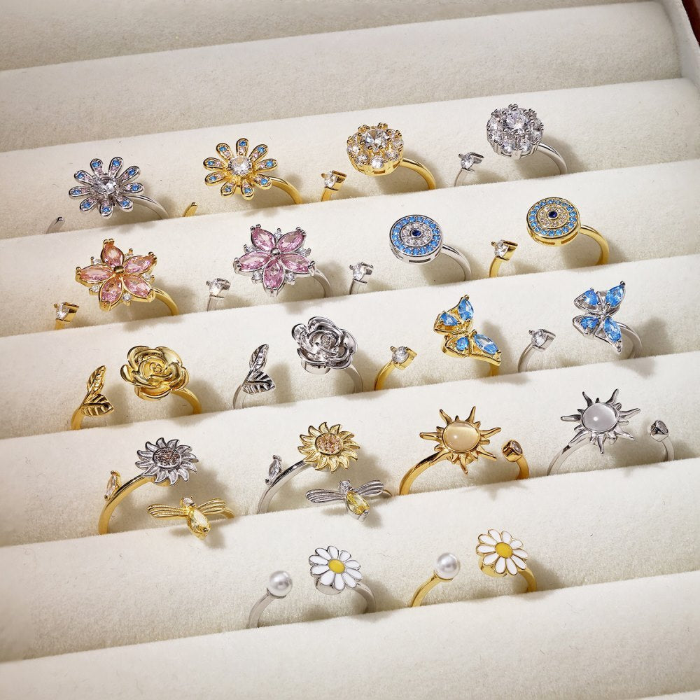 Sterling Silver Rotatable Flower Diamond Decompression Ring