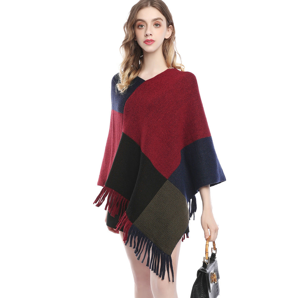 Fashion Women's Color Contrast Patchwork Knit Shawl Cape