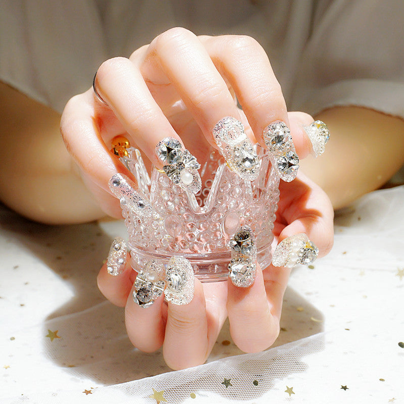 Luxury Fake Nails with Rhinestone Silver Drops