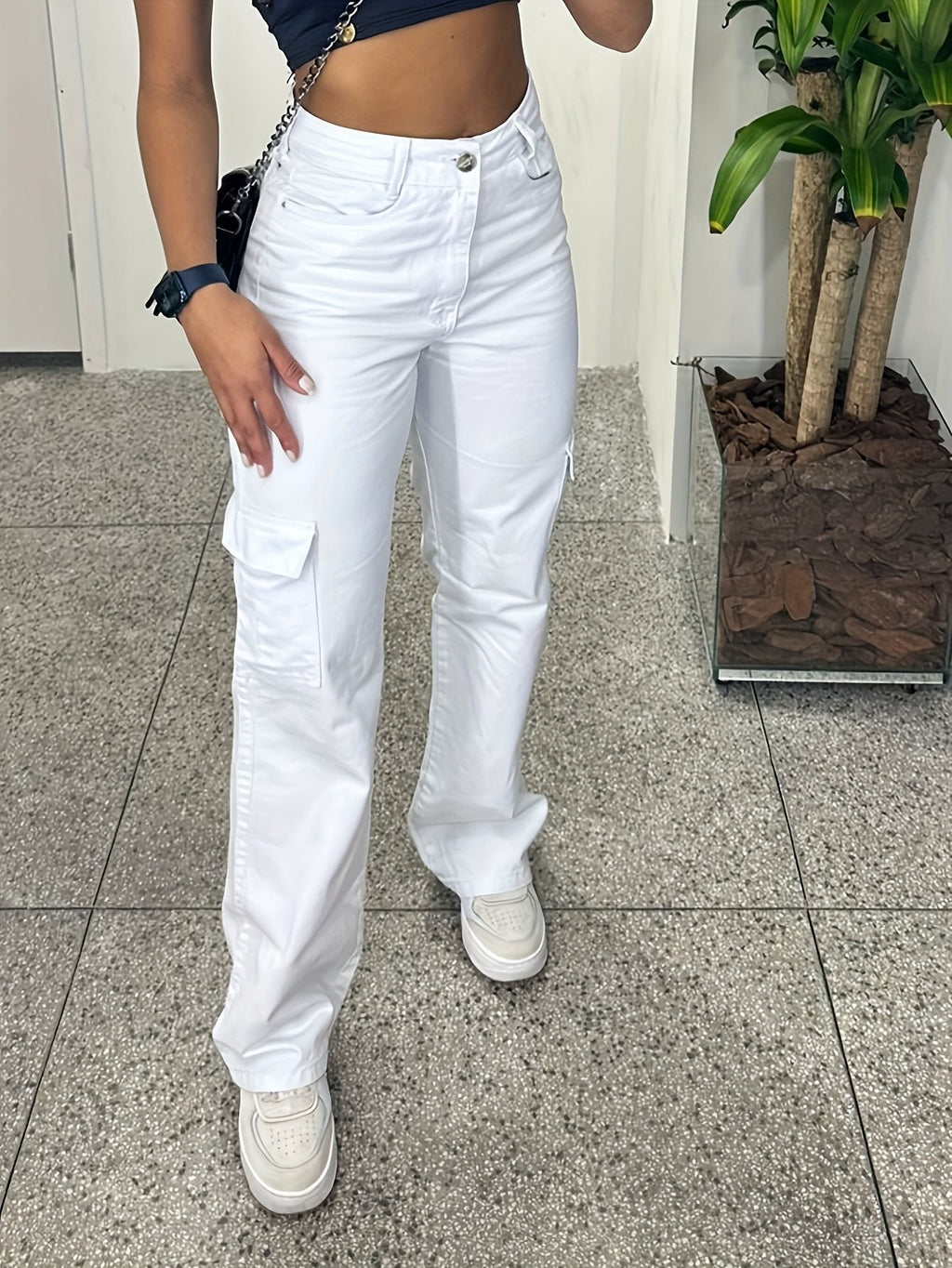 Women's White Overalls with Three-Dimensional Pockets