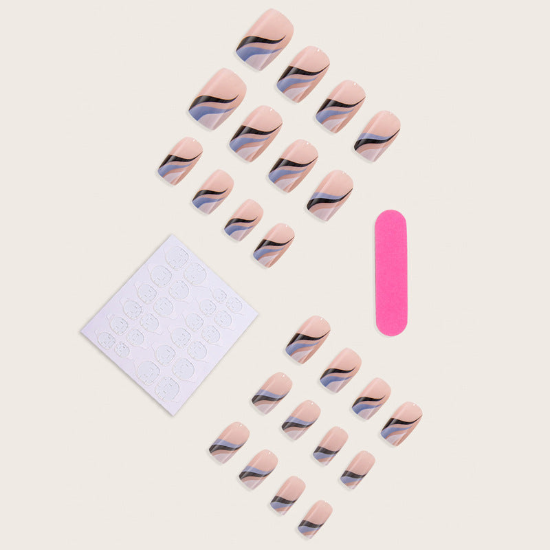 Removable Fake Nails: Color Matching French Line & Ripple Art