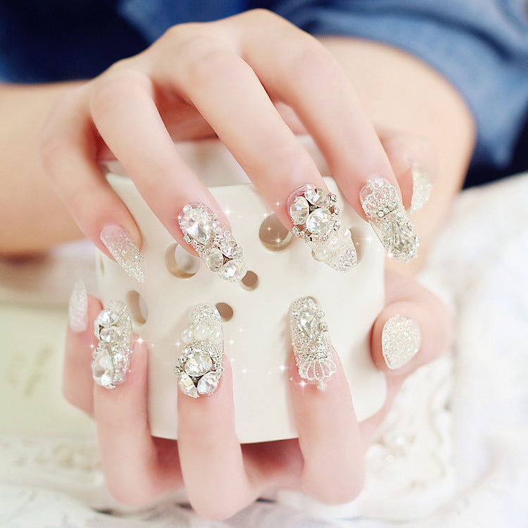 Luxury Fake Nails with Rhinestone Silver Drops