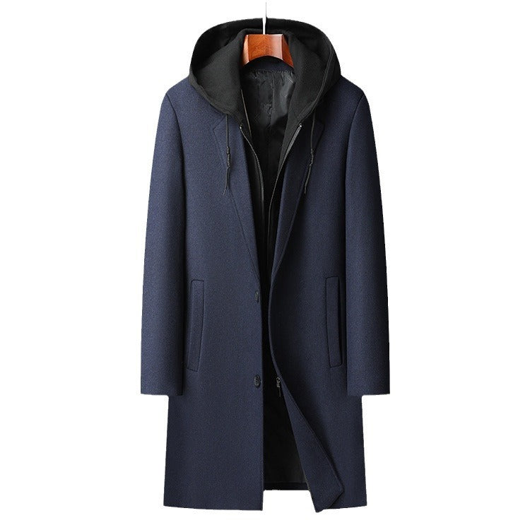 Premium Wool Blend Mid-Length Coat | Men's Detachable Hood Urban Topcoat