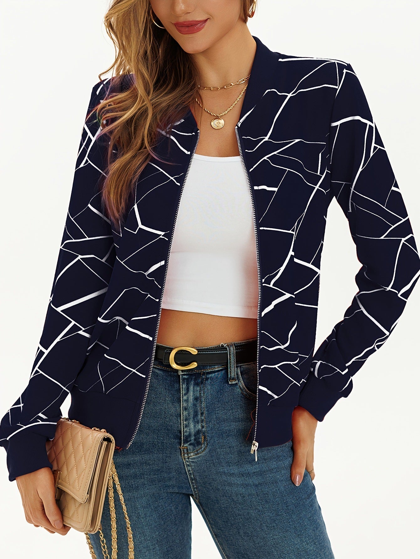 Women's Elegant Print Zip-Up Jacket