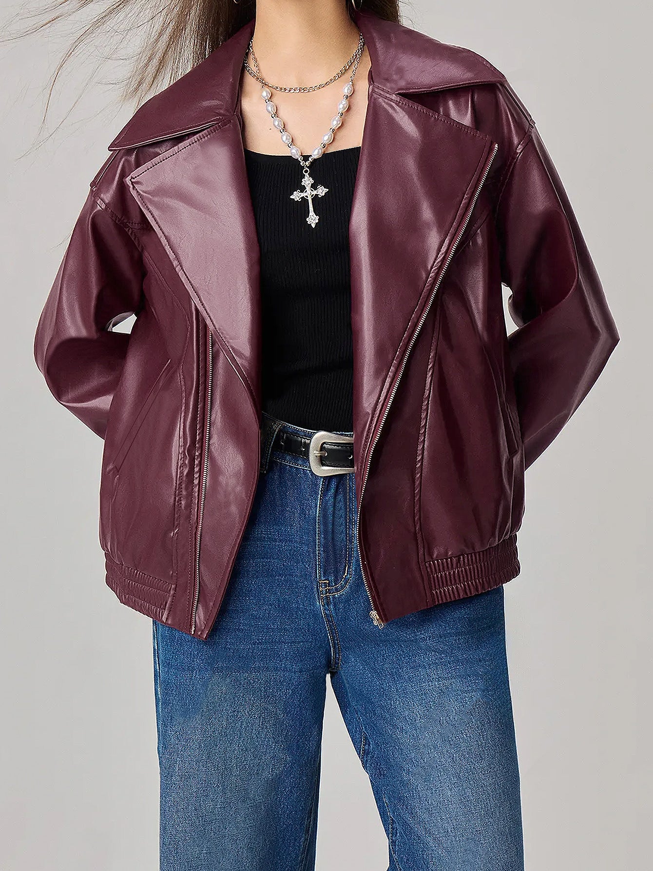 Women's Loose Fit Long Sleeve Leather Jacket