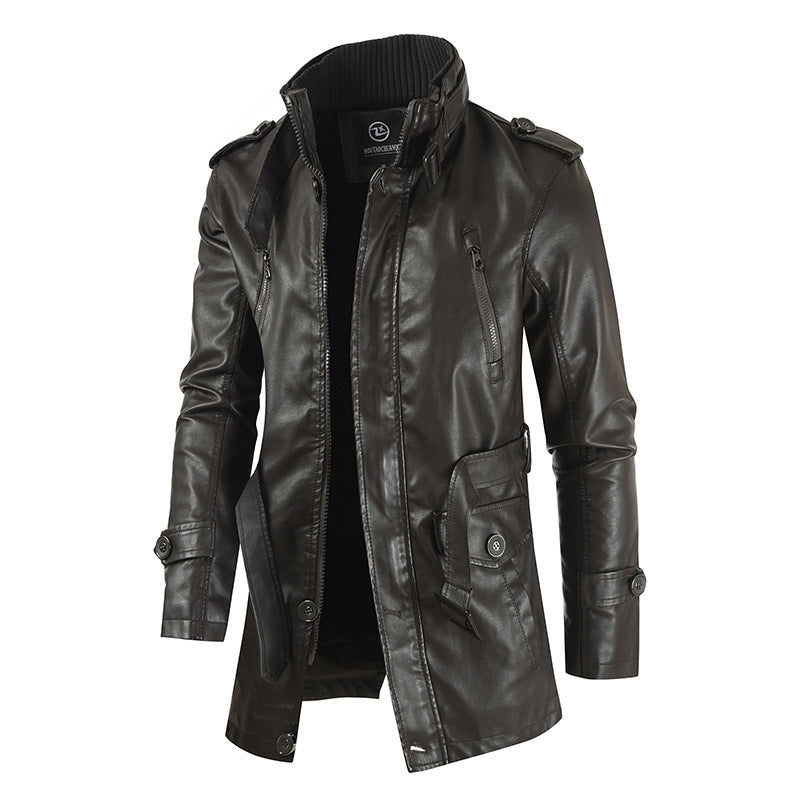 Men's Mid-Length Leather Coat | Stand Collar Fleece-Lined Thickened Winter Jacket