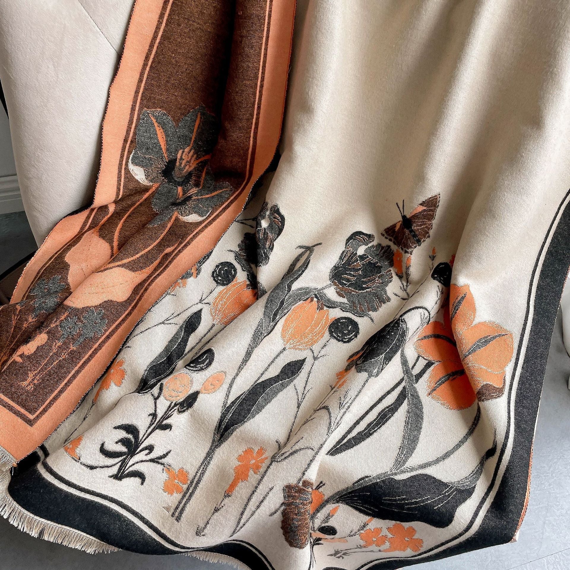 Winter Warm Cashmere Feel Floral Shawl & Wrap