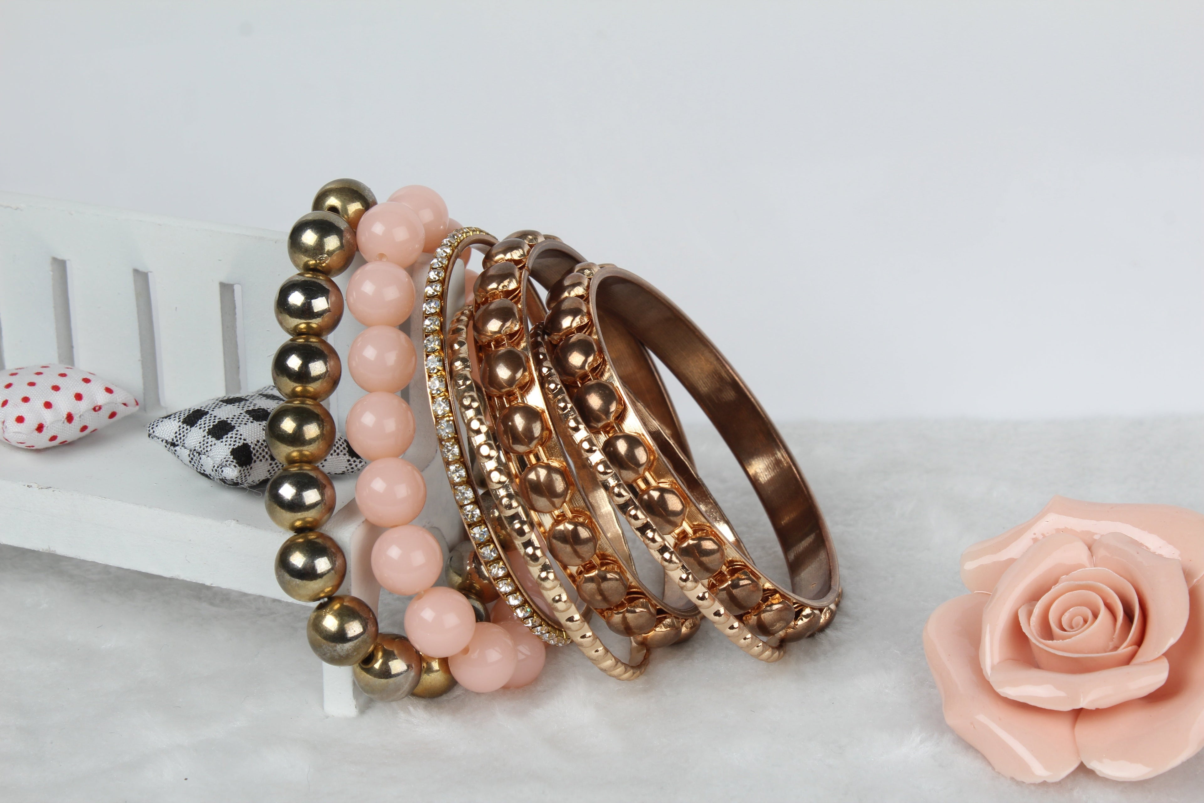 Women's Vintage Style Rhinestone & Burnished Gold Bangle Stack