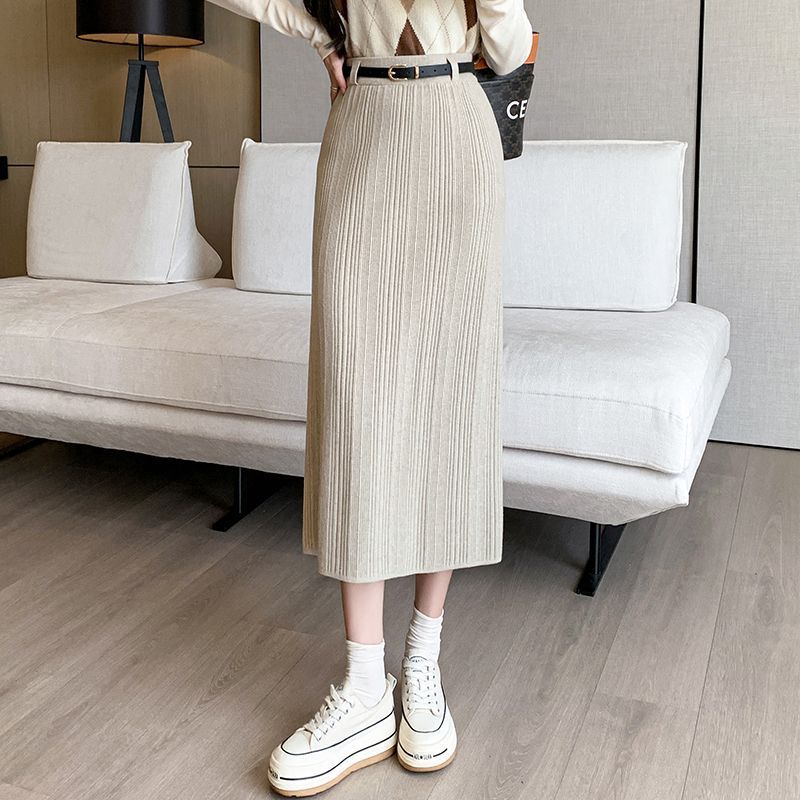 Knitted Sheath Straight Skirt with French Stripe Slit