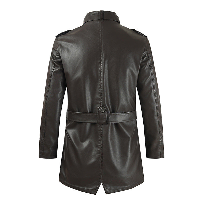Men's Mid-Length Leather Coat | Stand Collar Fleece-Lined Thickened Winter Jacket