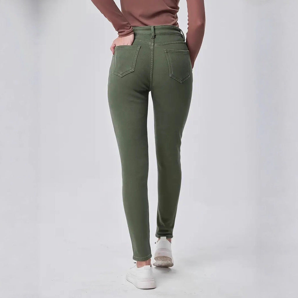 Slim Fit High Waist Dark Green Denim Trousers