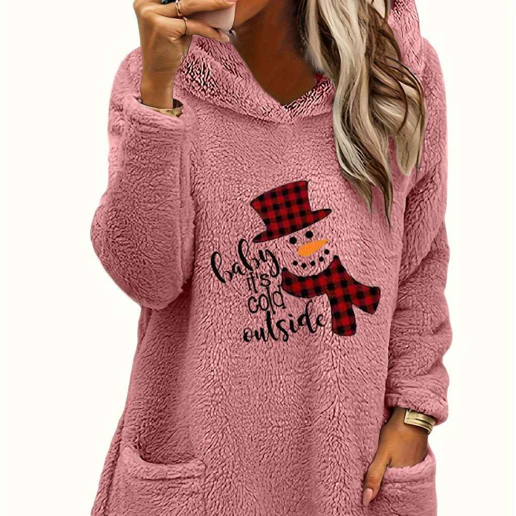 Festive Teddy Bear & Snowman Graphic Pullover Hoodie