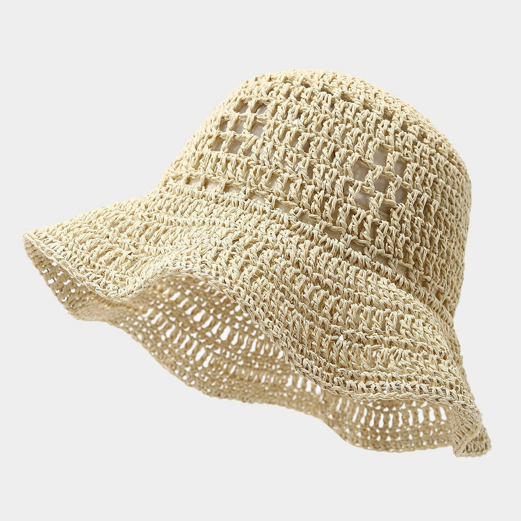Breathable Crochet Straw Bucket Hat for Seaside Women