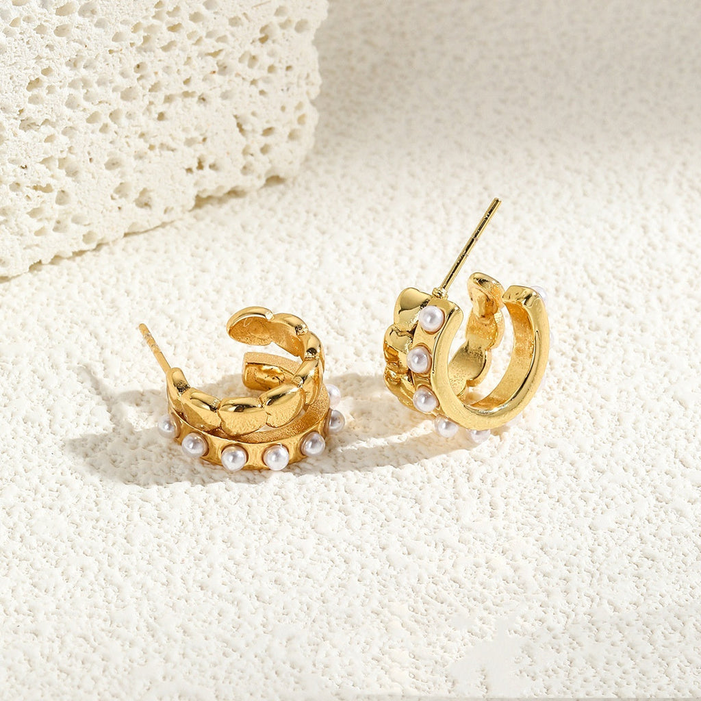 Stainless Steel Double C Love Pearl Earrings