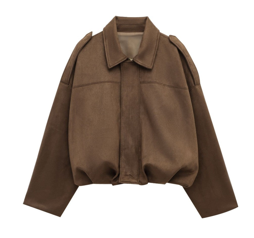 Suede Effect Pilot Jacket with Batwing Sleeves