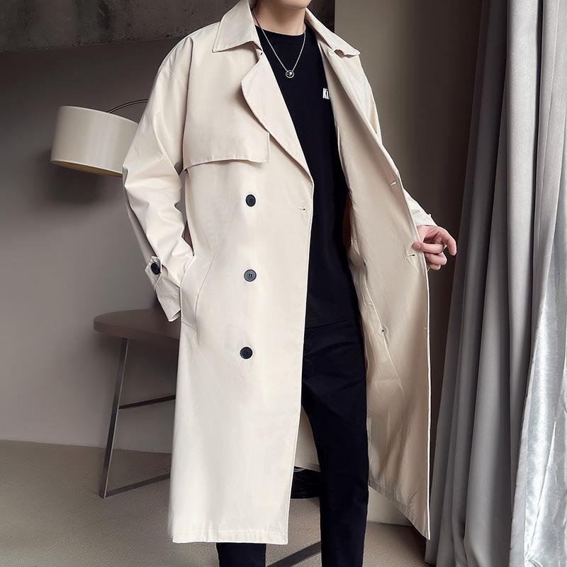 Men's Classic Beige Double-Breasted Trench Coat | Mid-Length Overcoat