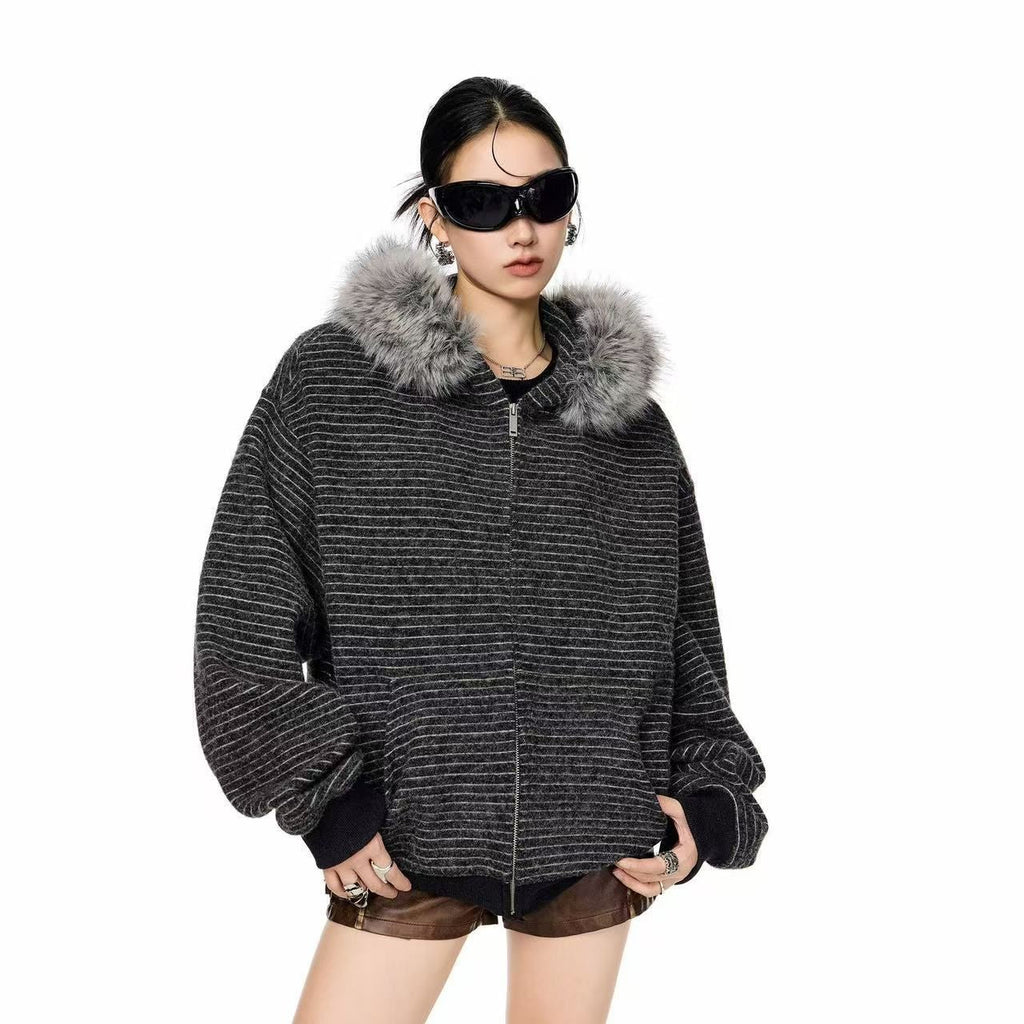 Vintage Fur Collar Couple Hooded Zipper Cardigan Sweater