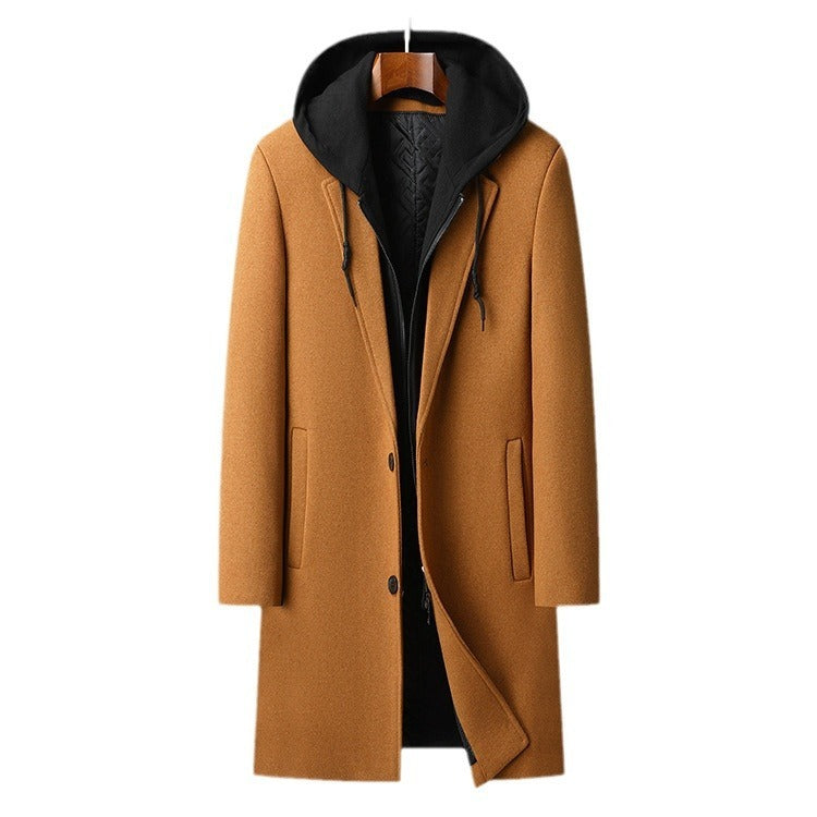Premium Wool Blend Mid-Length Coat | Men's Detachable Hood Urban Topcoat