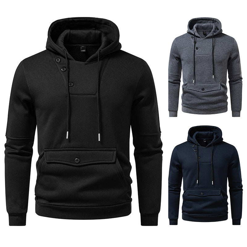Casual Hooded Sweatshirt | Diagonal Buckle Placket Design with Large Pockets