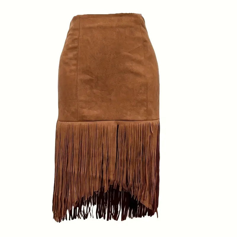 Women's Western Boho Denim Style Fringe Skirt