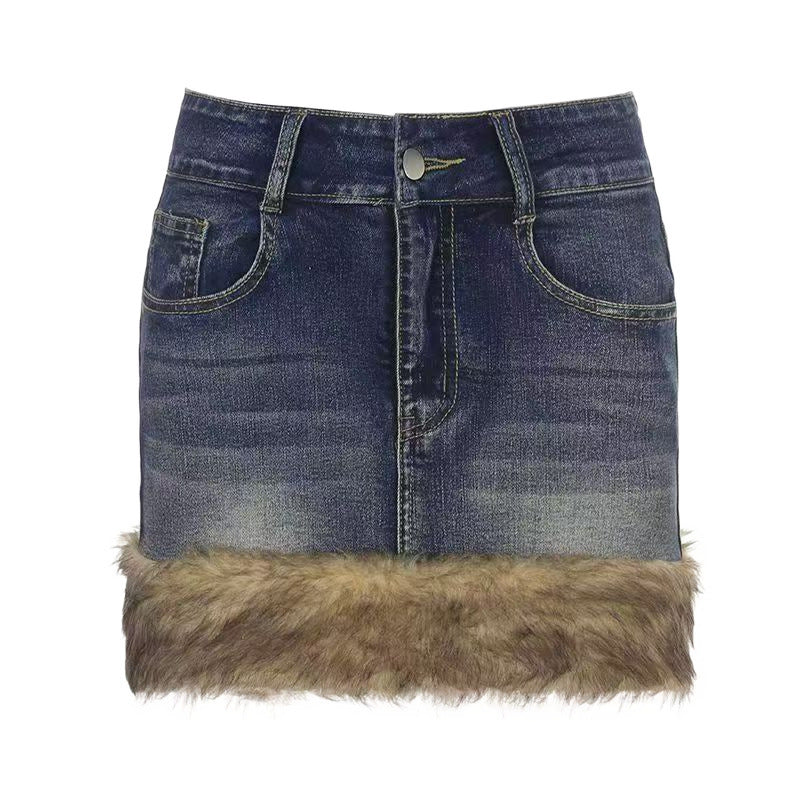 Furry Detail Vintage Style Denim Skirt