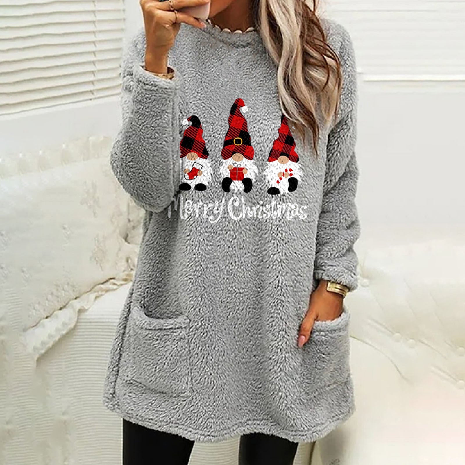 Women's Holiday Letter Graphic Long Sleeve Pocket Fleece Top