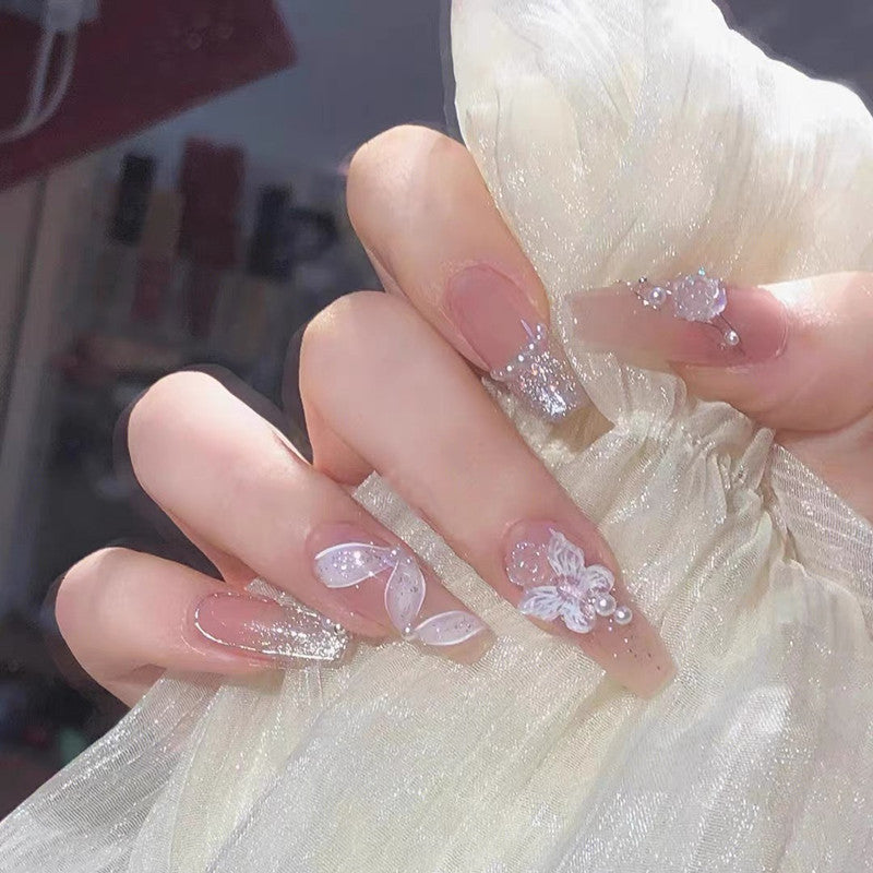 Elegant Long Fake Nails with Camellia & Streamer Art