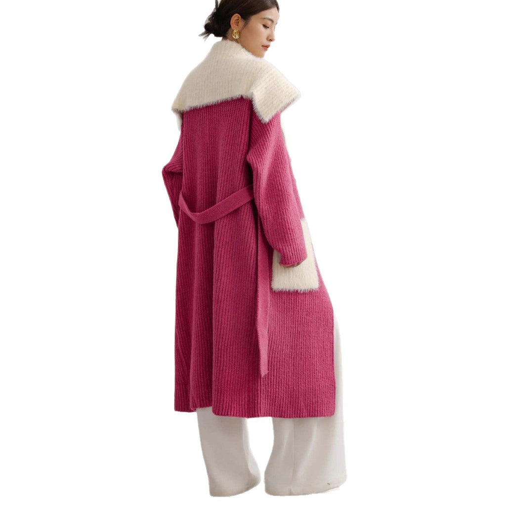 Women's Stitching Knitted Coat with Fur Collar