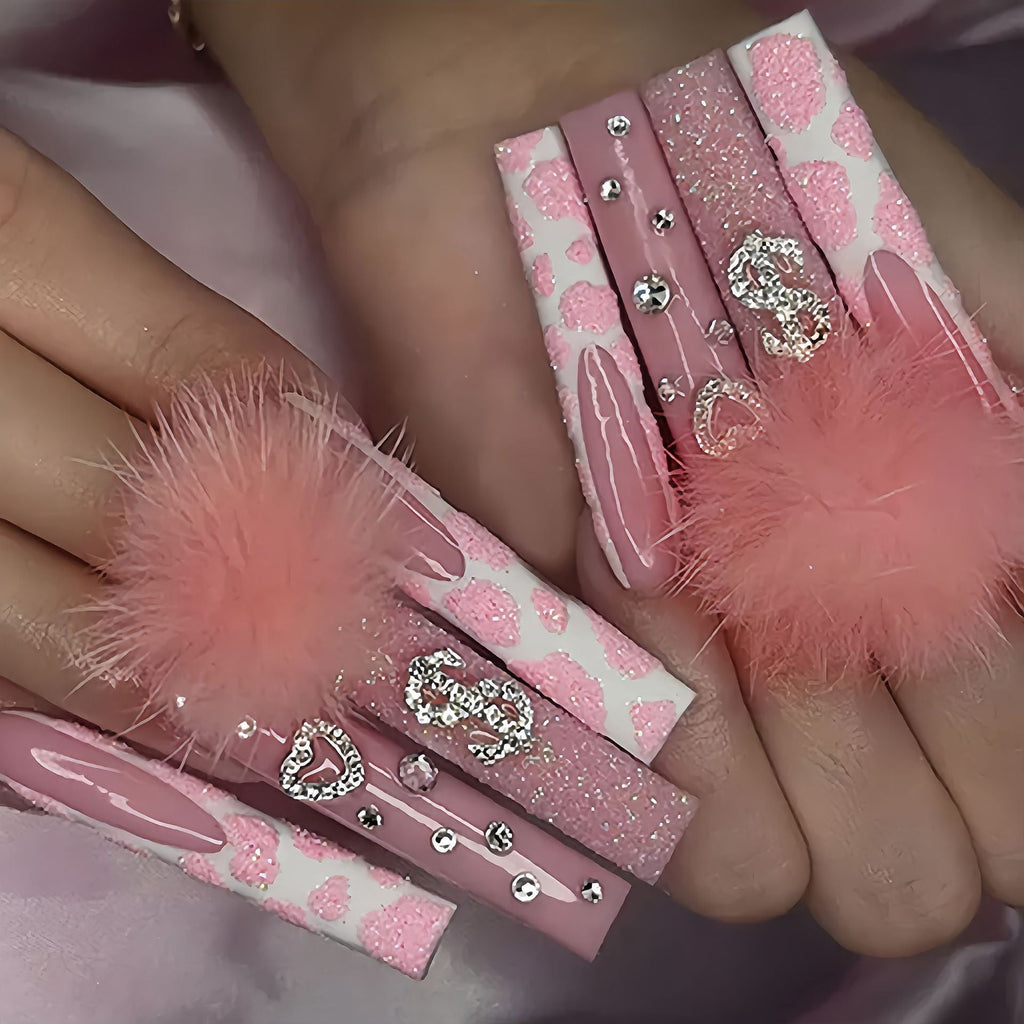 Gentle Girl Wearable Fake Nails: Cotton Candy Ball & Diamond