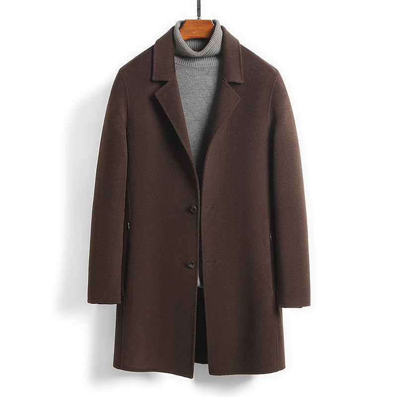 Premium Men's Solid Woolen Coat | Mid-Length Slim-Fit Worsted Overcoat