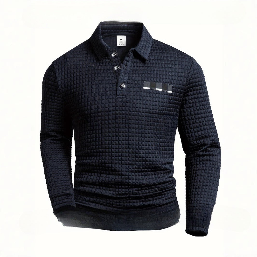 Men's Long Sleeve Waffle Polo Sweater | Casual Printed All-Match Pullover