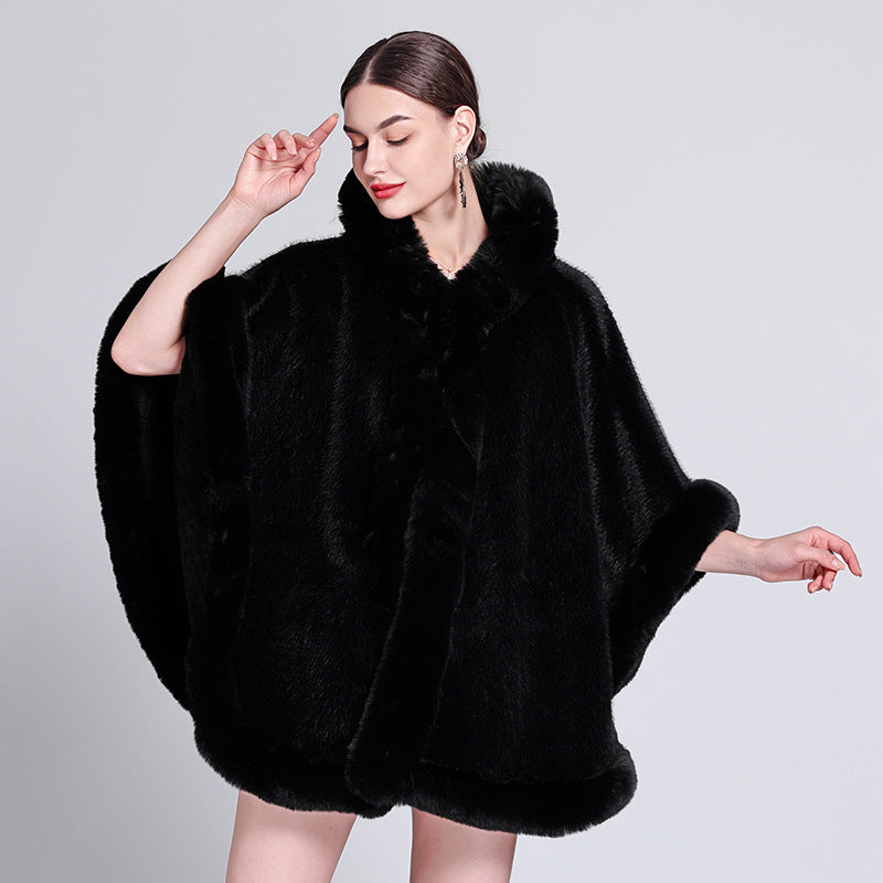 Fleece-Lined Cloak Shawl with Faux Fur Collar