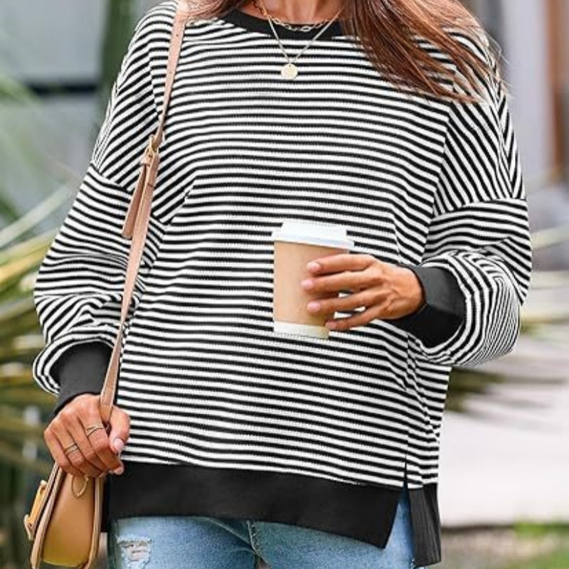 Waffle Knit Crewneck Split Pullover Sweater