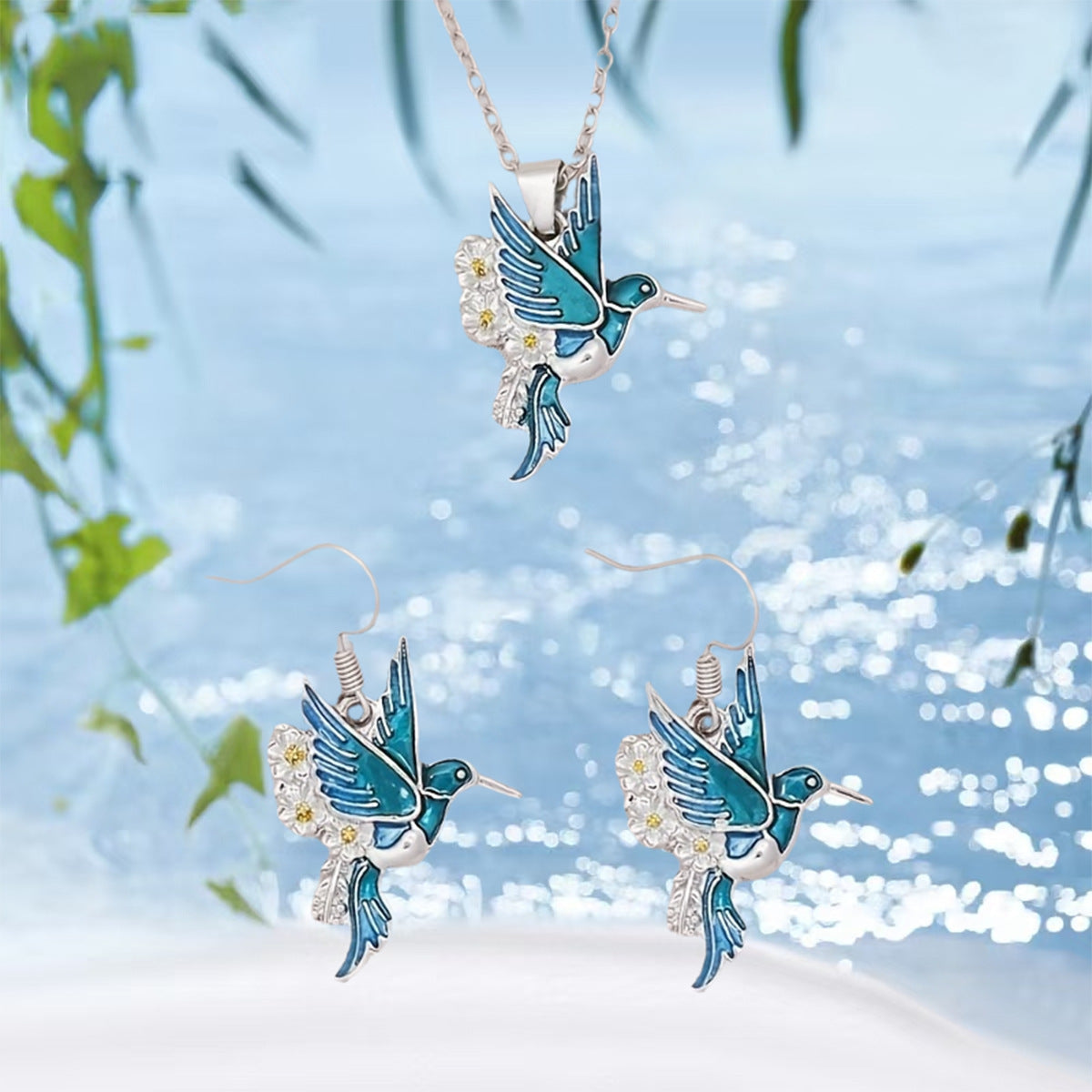 Hummingbird Pendant & Drop Earring Set