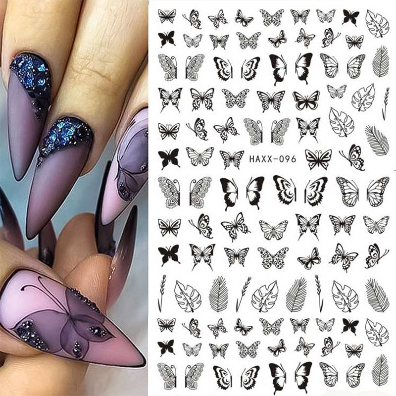Black Butterfly & White Flower Nail Decals