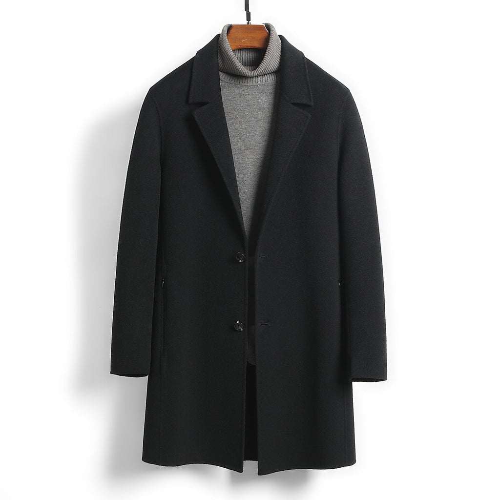 Premium Men's Solid Woolen Coat | Mid-Length Slim-Fit Worsted Overcoat