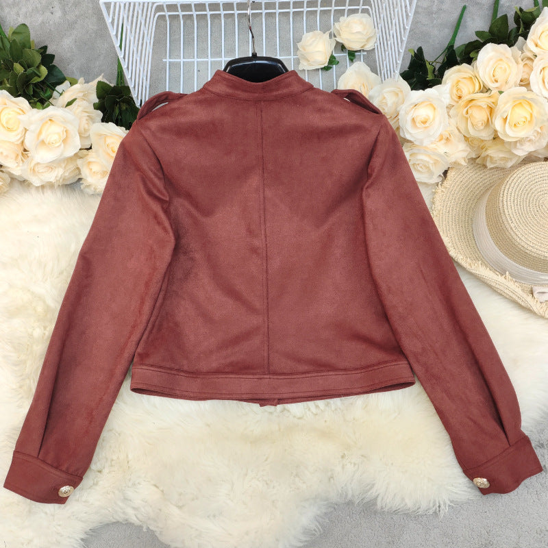 Fashion Long Sleeve Short Suede Coat