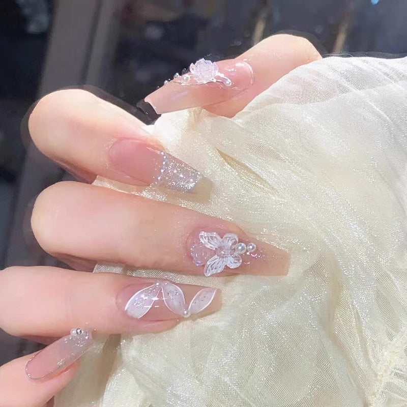 Elegant Long Fake Nails with Camellia & Streamer Art