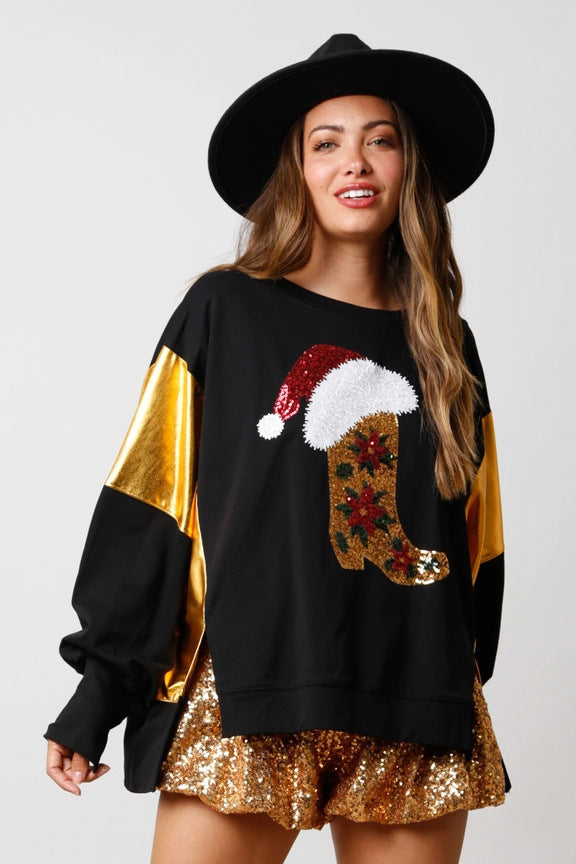 Casual Long Sleeve Sequined Christmas Graphic Sweatshirt