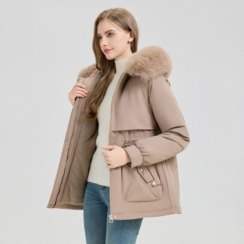 Women's Short Hooded Coat with Big Fur Collar