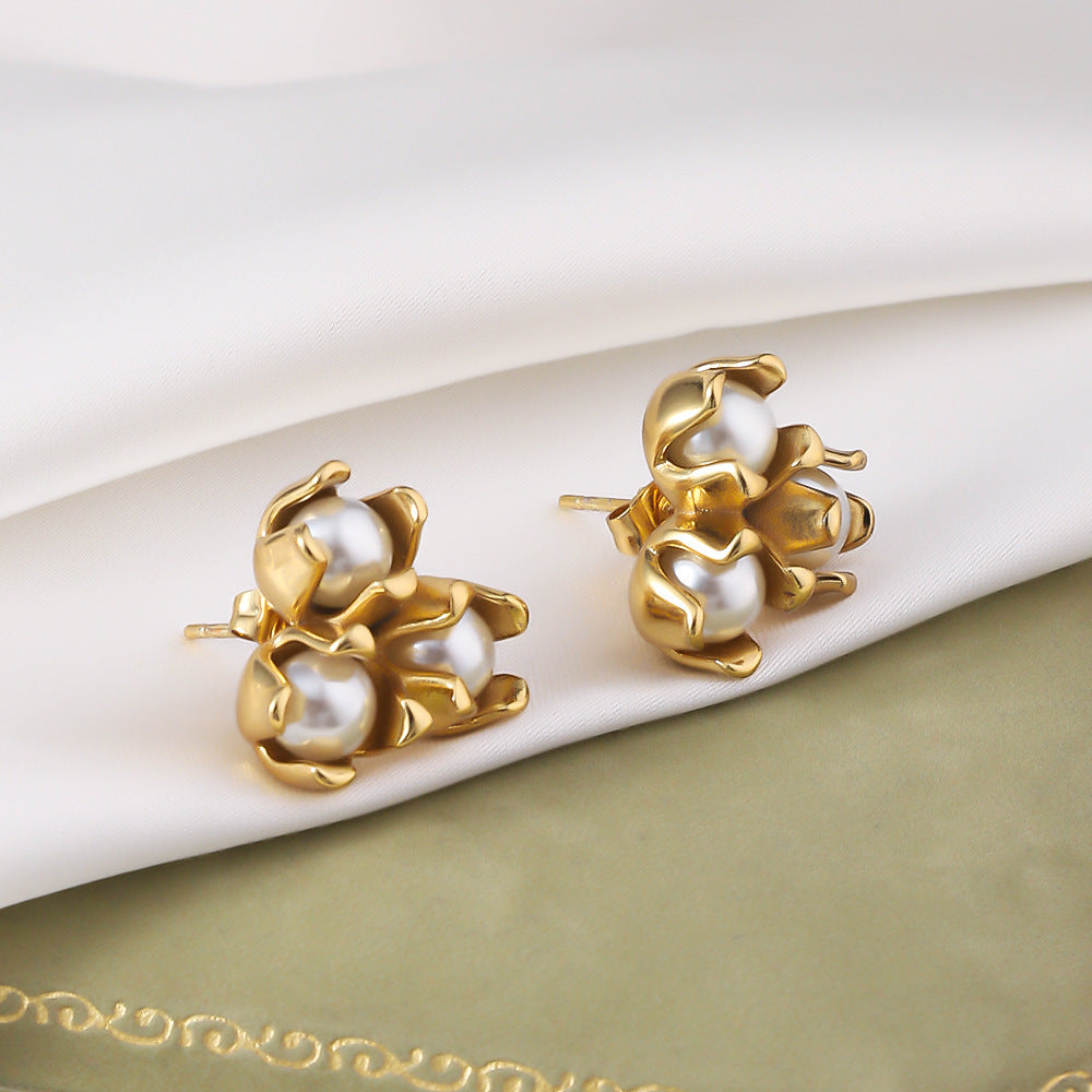 18K Gold Plated Stainless Steel Pearl Studs