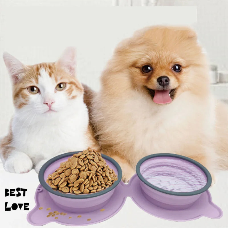 Non-Slip Portable Pet Bowls | Foldable Silicone Double Feeder for Dog & Cat Travel
