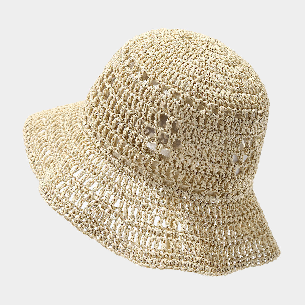 Breathable Crochet Straw Bucket Hat for Seaside Women