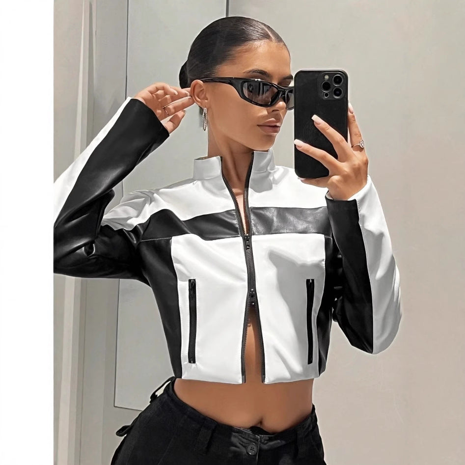 Women's Black & White Contrast Leather Jacket