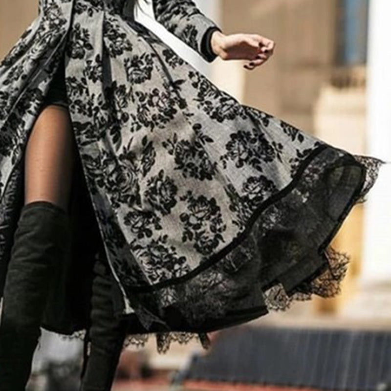 Women's Vintage Floral Print Long Trench Coat
