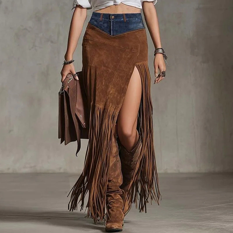 Women's Boho Patchwork Maxi Skirt with Fringe & Slit