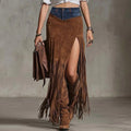 Women's Boho Patchwork Maxi Skirt with Fringe & Slit