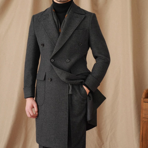 Luxury Men's Double-Breasted Wool Coat | Herringbone Italian Polo Style