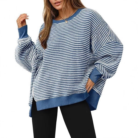 Waffle Knit Crewneck Split Pullover Sweater