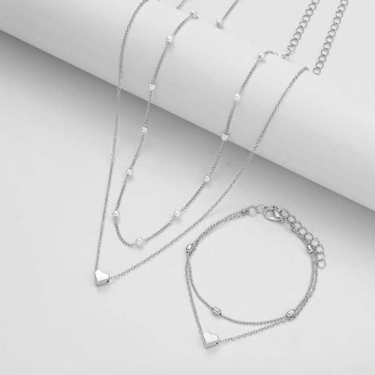 Double-Layer Stacked Round Bead & Pearl Bracelet/Necklace Set